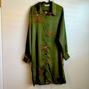 Large Cheetah Olive Green Long Shirt Duster Blouse Top Kimono Leopard